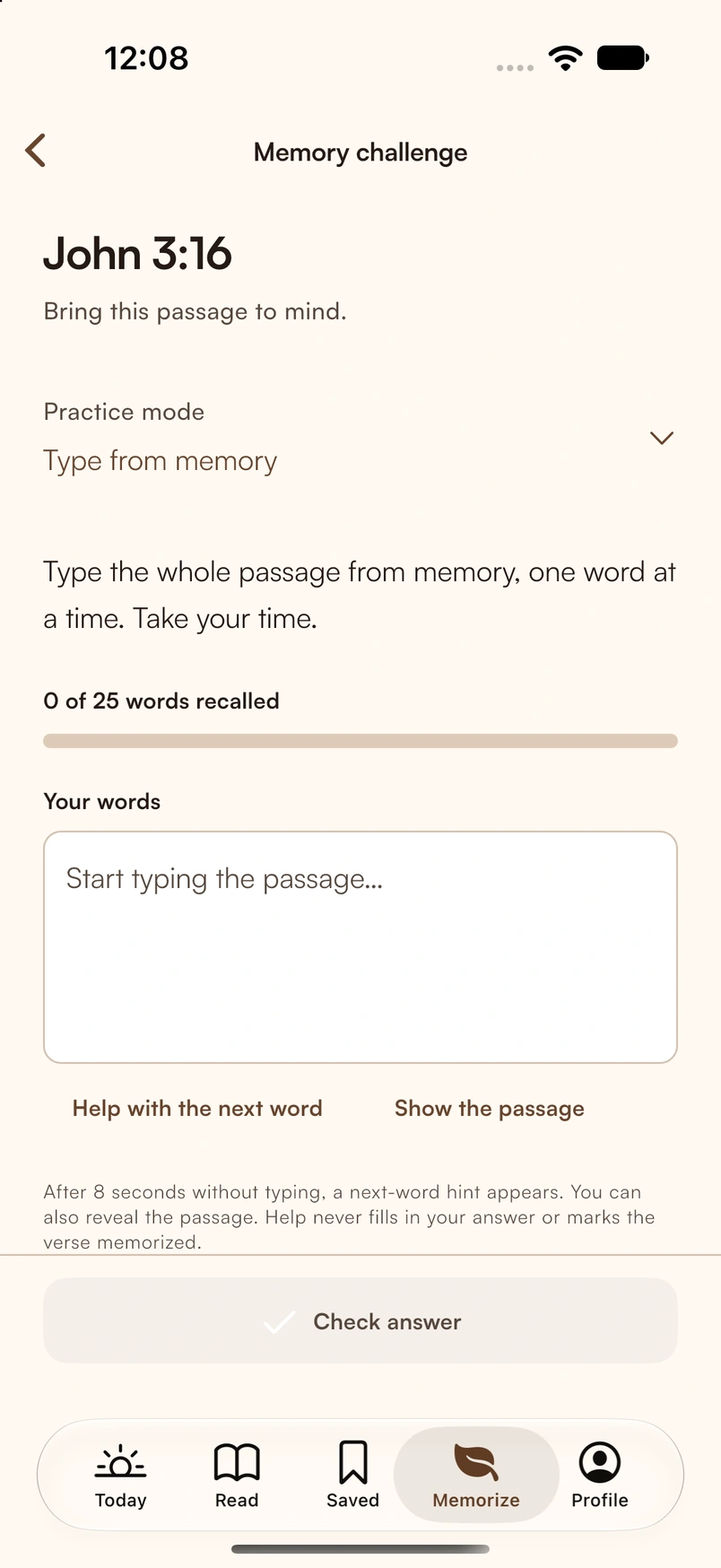 Bible Memo’s recall practice screen